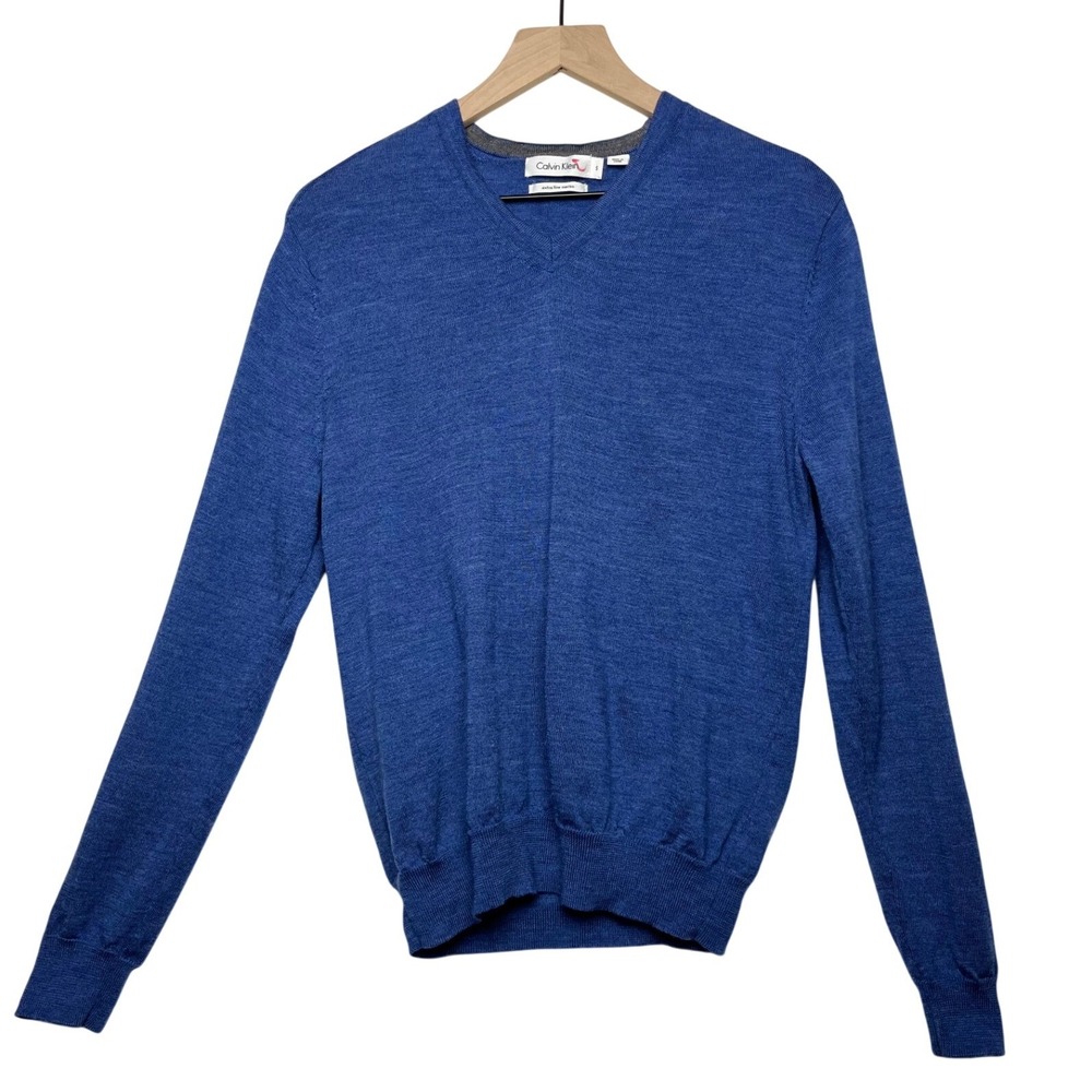Calvin Klein Mens Blue Extra‎ Fine Merino Wool V-Neck Sweater Size Small